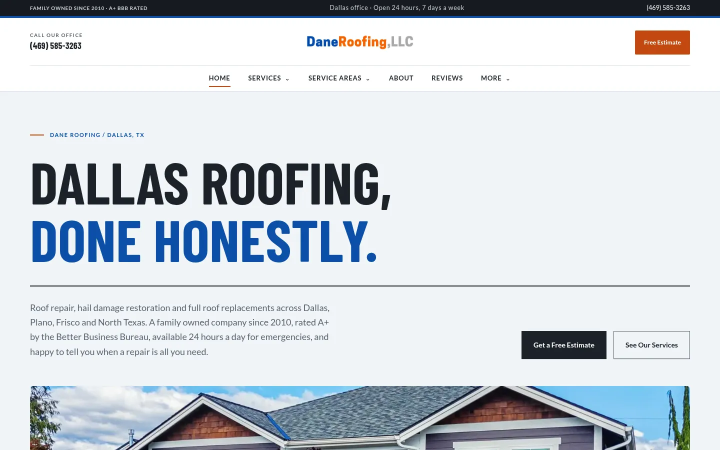 Homepage screenshot of Dane Roofing