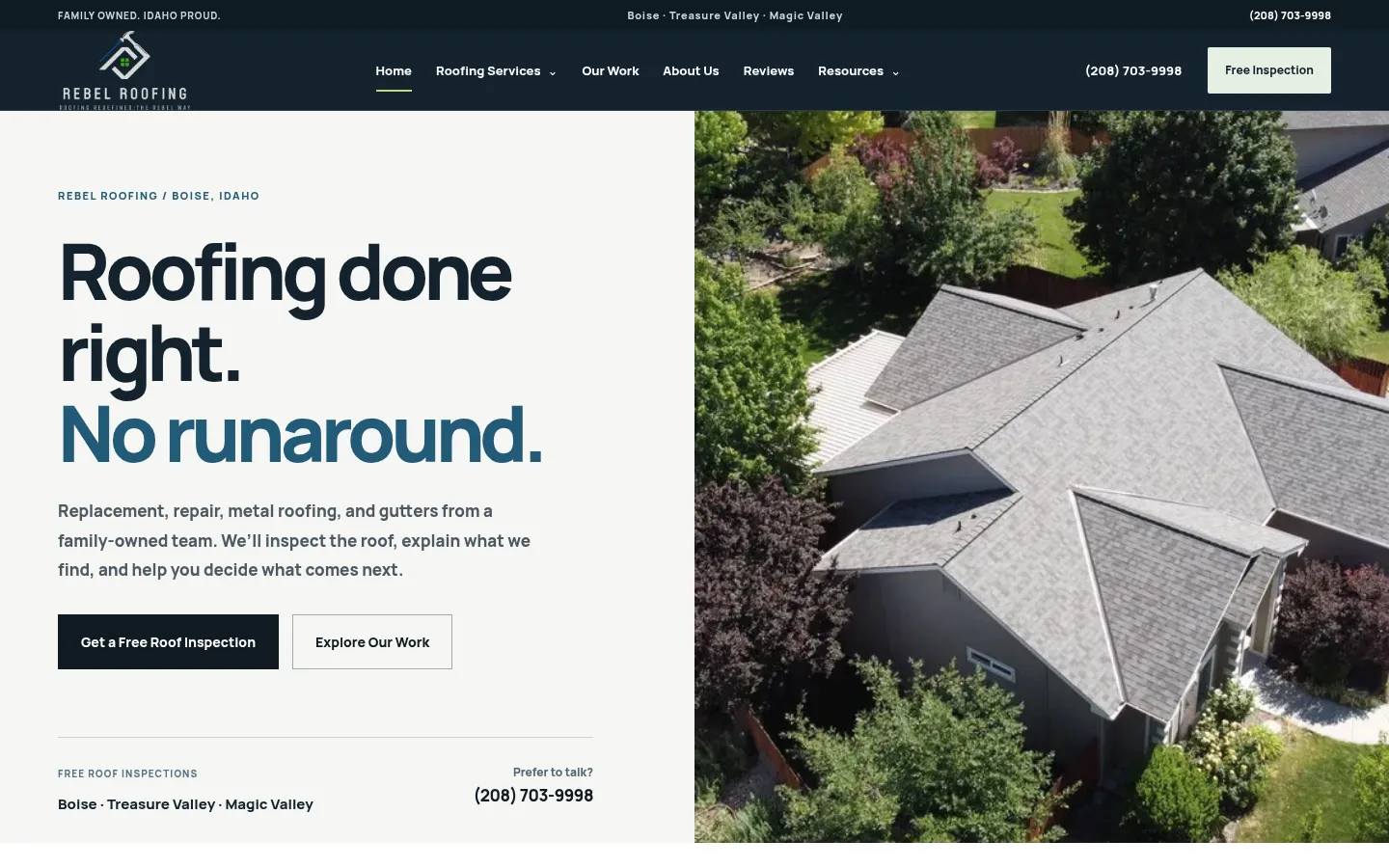 Homepage screenshot of Rebel Roofing