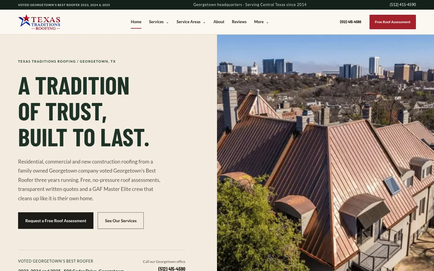 Homepage screenshot of Texas Traditions Roofing