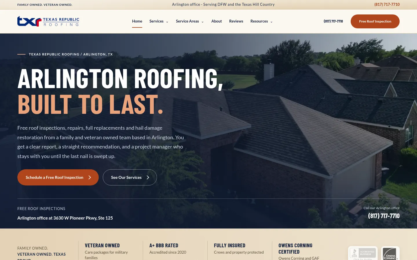 Homepage screenshot of Texas Republic Roofing
