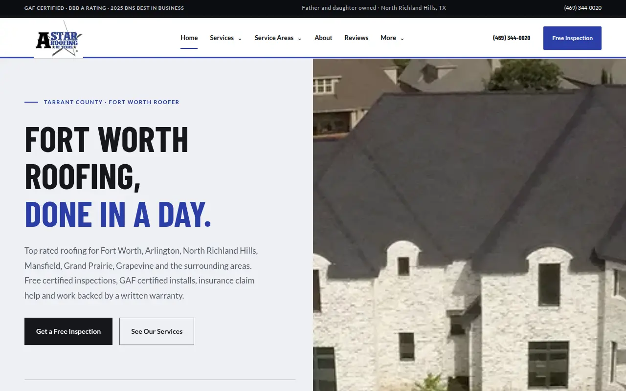 Homepage screenshot of A Star Roofing of Texas