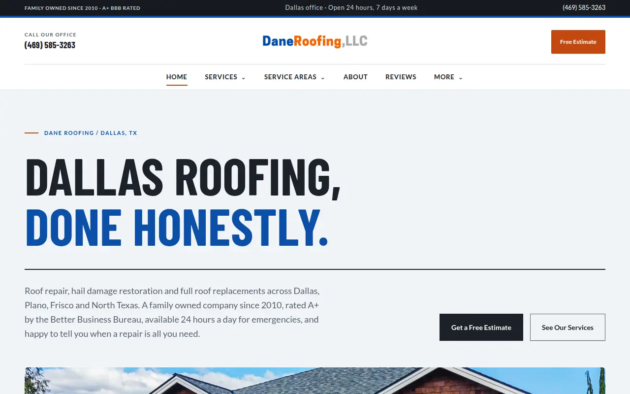Homepage screenshot of Dane Roofing