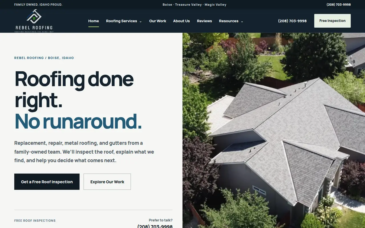 Homepage screenshot of Rebel Roofing