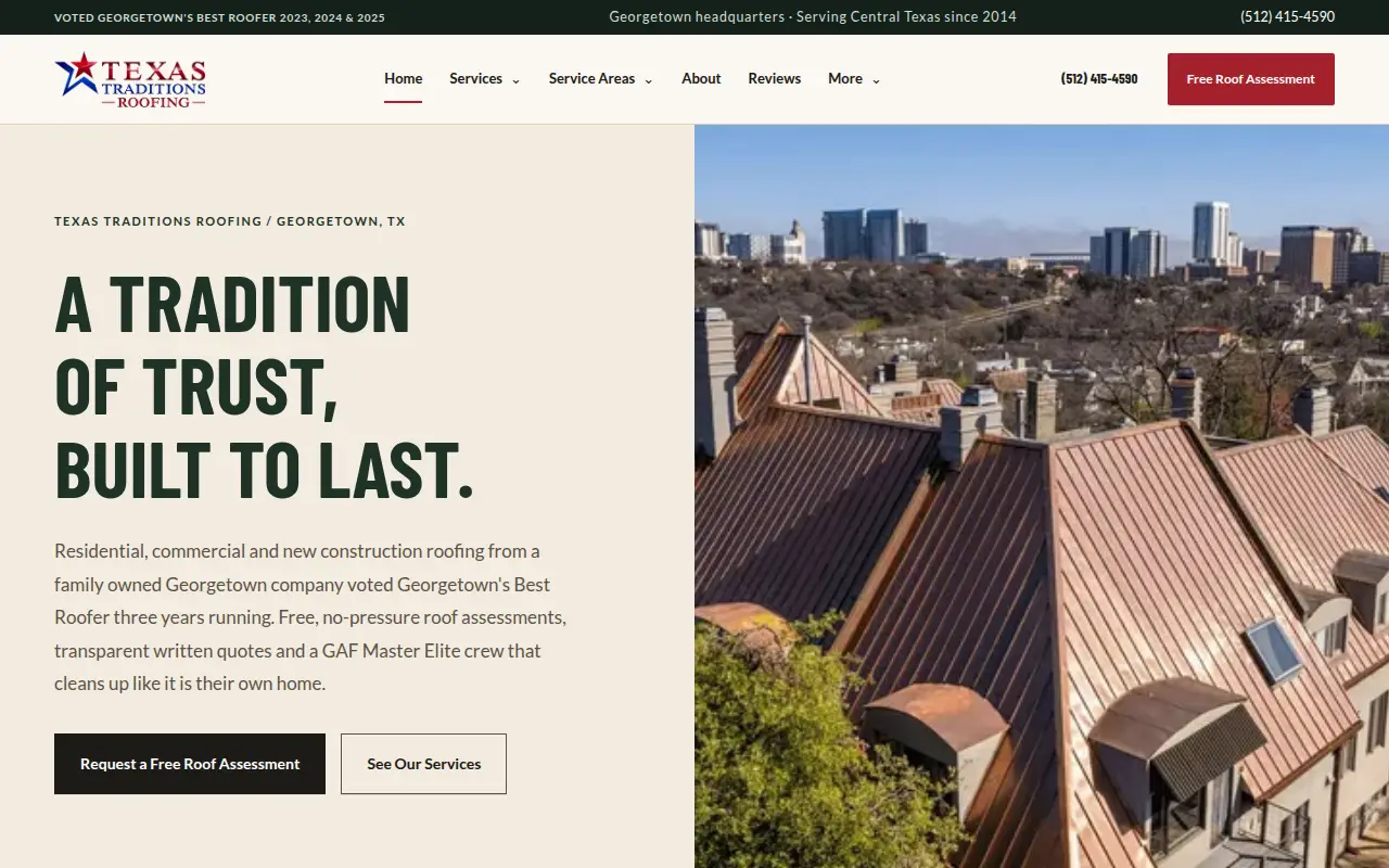 Homepage screenshot of Texas Traditions Roofing