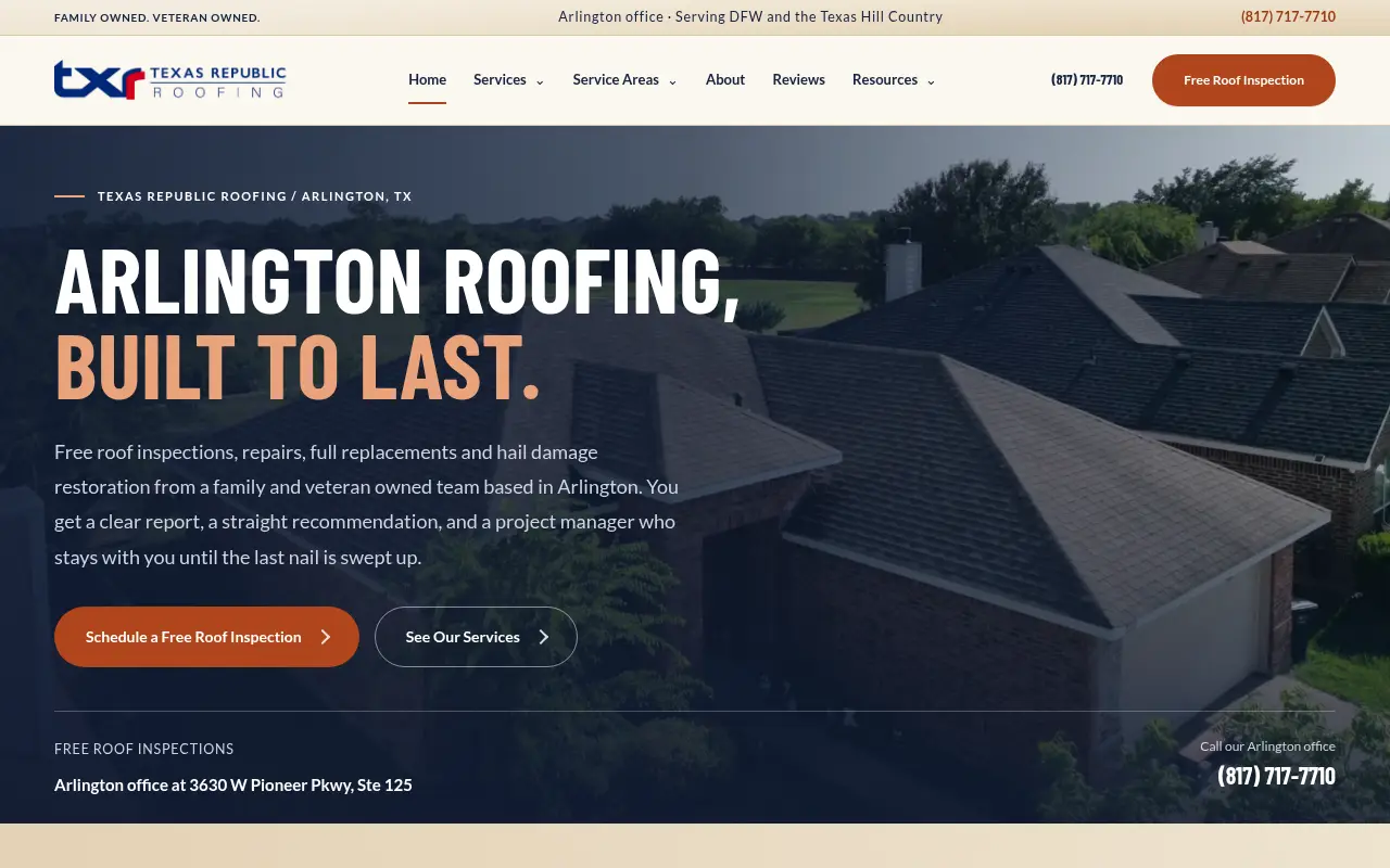 Homepage screenshot of Texas Republic Roofing